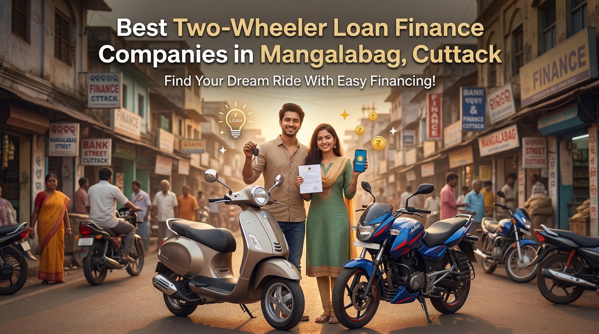 Two-wheeler loan finance companies in Mangalabag, Cuttack — couple with bikes and loan document on Mangalabag street